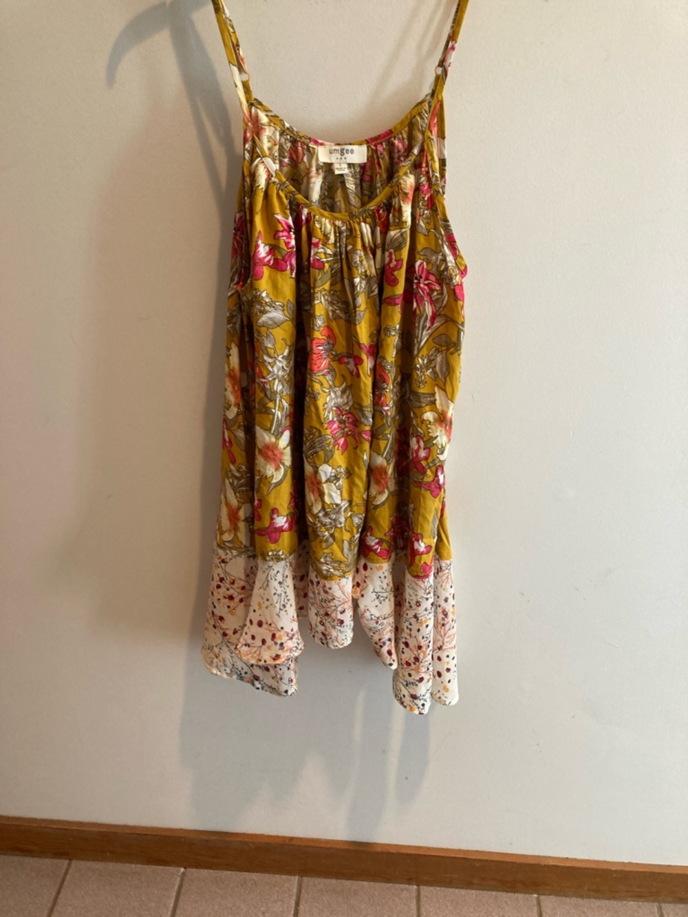 Umgee Mustard Floral Spaghetti-Strap Tiered mini dress or over a bathing suitt
